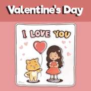 Valentine's Day Girl and Cat Cut and Paste Worksheet