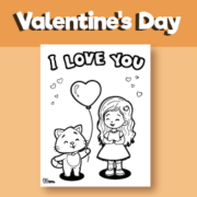 Valentine's Day Girl and Cat Coloring Page