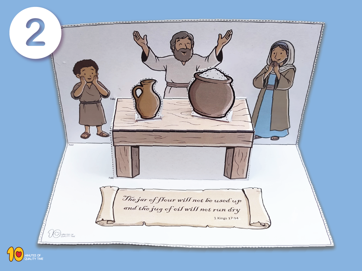 Elijah and the widow of Zarephath printable pop-up Bible craft with flour and oil
