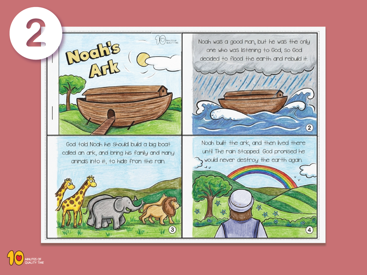 Printable Noah’s Ark flood story mini book with animals, the ark, and the rainbow Printable Noah’s Ark flood story mini book with animals, the ark, and the rainbow