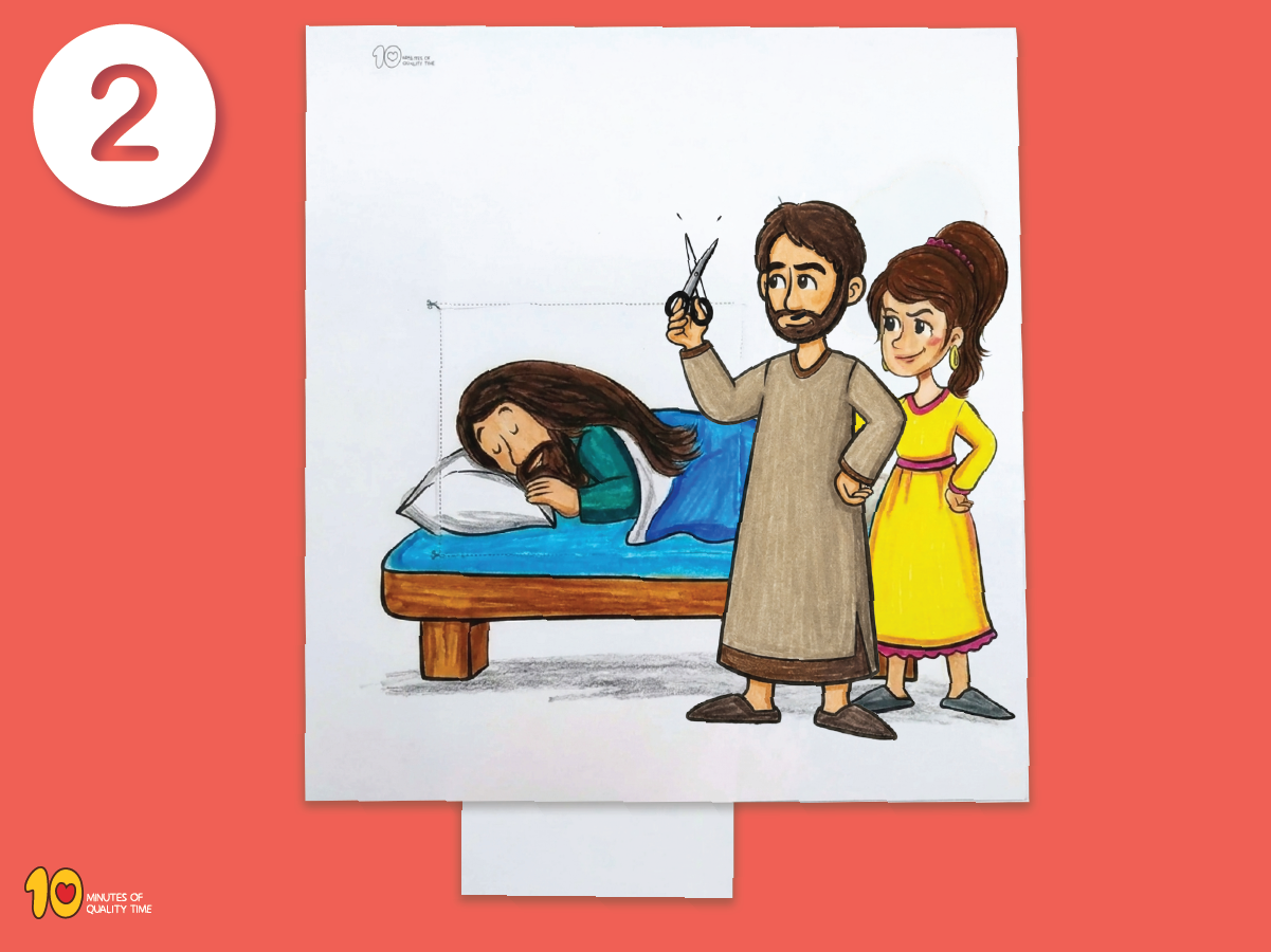 Samson and Delilah printable Bible craft showing Samson’s hair being cut