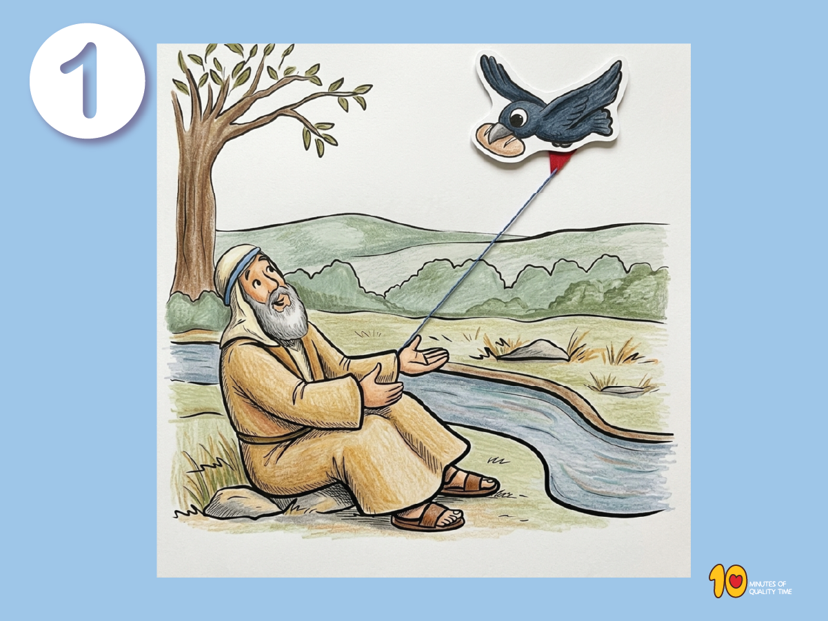 Printable Elijah and the ravens Bible craft showing God providing food beside the brook