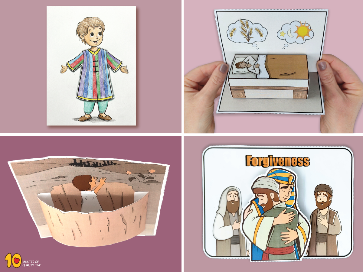 Four printable Joseph Bible crafts for Sunday School, including the coat of many colors, Joseph’s dreams, the pit, and forgiveness