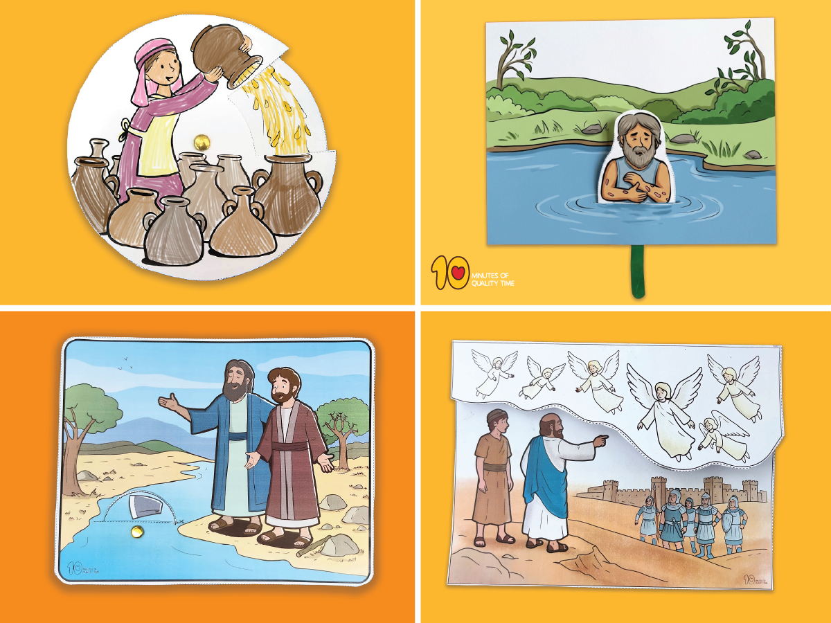 Four printable Elisha Bible crafts featuring the widow’s oil, Naaman, the floating axe head, and an army of angels