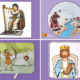 Four printable David Bible crafts for Sunday School, including David playing the harp, David and Goliath, David protecting his flock, and King David