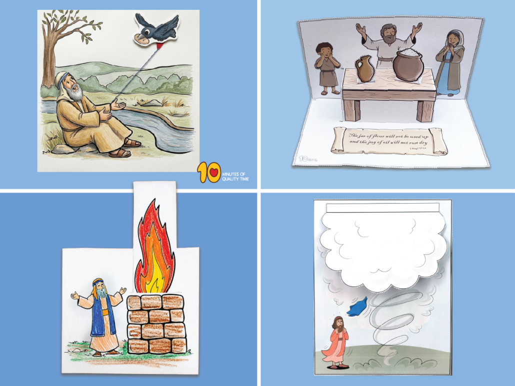 Four printable Elijah Bible crafts for Sunday School with a free 1 Kings 18:39 coloring page