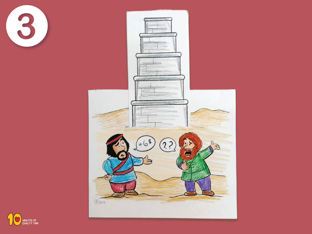 Printable interactive Tower of Babel craft showing the tall tower and confused languages Printable interactive Tower of Babel craft showing the tall tower and confused languages