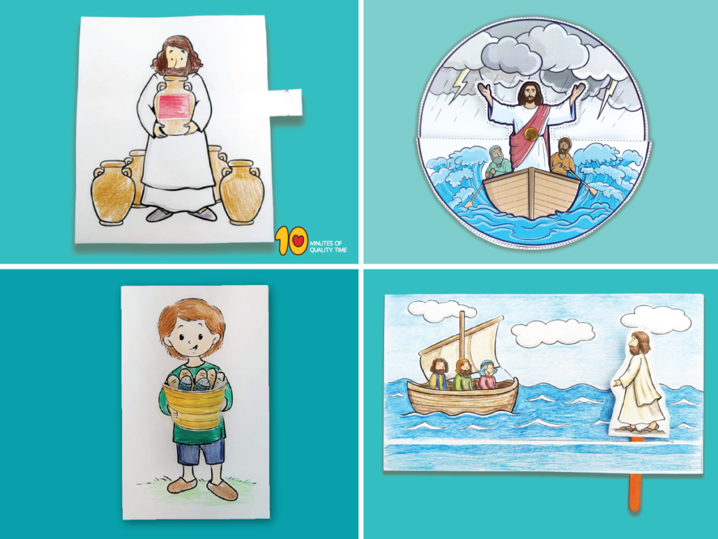 Jesus’ Miracles Bible crafts featuring water into wine, calming the storm, feeding the 5000, walking on water, and a free John 20:31 coloring page