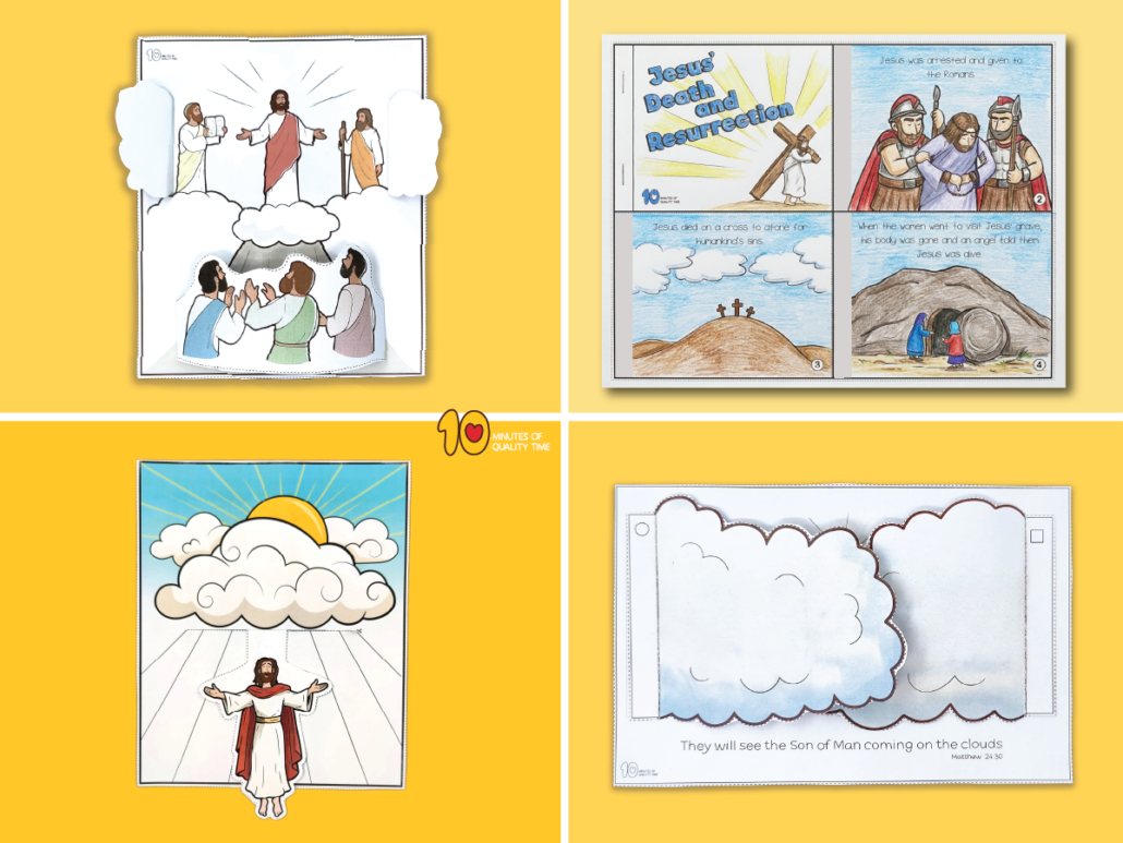 Jesus’ Glory Bible crafts featuring the Transfiguration, Jesus’ death and resurrection, the Ascension, the second coming, and a free John 1:14 coloring page