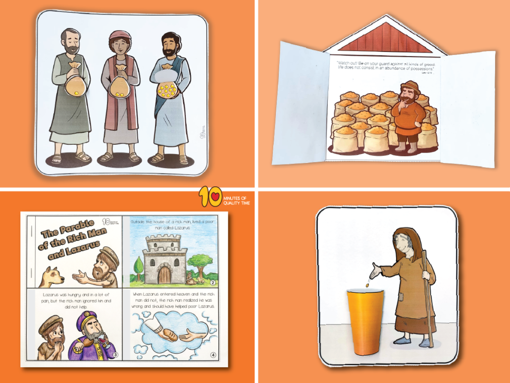 Money and Giving Bible crafts featuring the parable of the talents, the rich fool, the rich man and Lazarus, the widow’s mite, and a free Matthew 6:21 coloring page