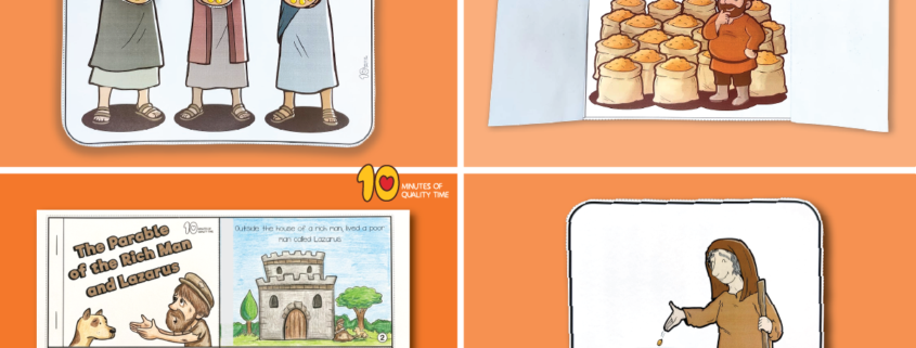 Money and Giving Bible crafts featuring the parable of the talents, the rich fool, the rich man and Lazarus, the widow’s mite, and a free Matthew 6:21 coloring page