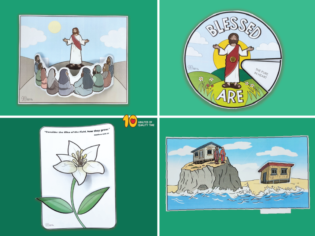 Sermon on the Mount Bible crafts featuring Jesus teaching, the Beatitudes, lilies of the field, wise and foolish builders, and a free Matthew 5:16 coloring page