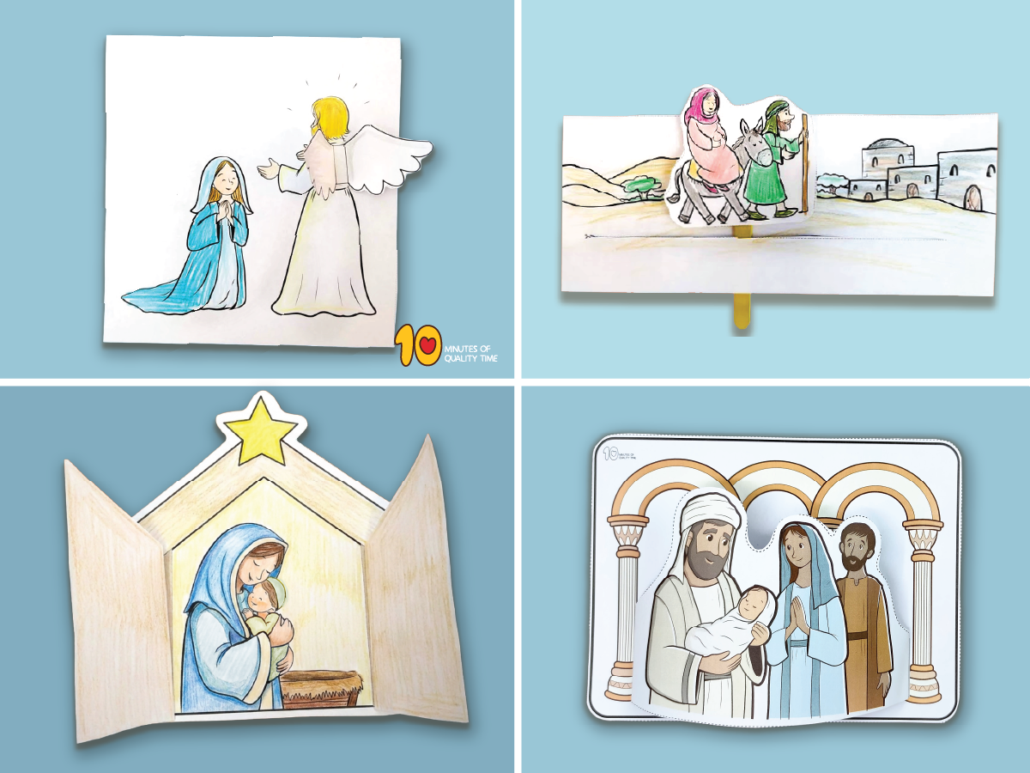 Mary Mother of Jesus Bible crafts featuring the angel visiting Mary, Mary and Joseph traveling to Bethlehem, baby Jesus in the manger, Jesus presented at the temple, and a free Luke 1:38 coloring page