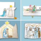 Mary Mother of Jesus Bible crafts featuring the angel visiting Mary, Mary and Joseph traveling to Bethlehem, baby Jesus in the manger, Jesus presented at the temple, and a free Luke 1:38 coloring page