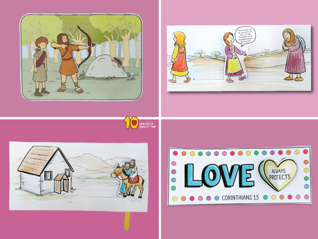 Love and Friendship Bible crafts featuring David and Jonathan, Ruth and Naomi, Corinthians 13, the Good Samaritan, and a free coloring page
