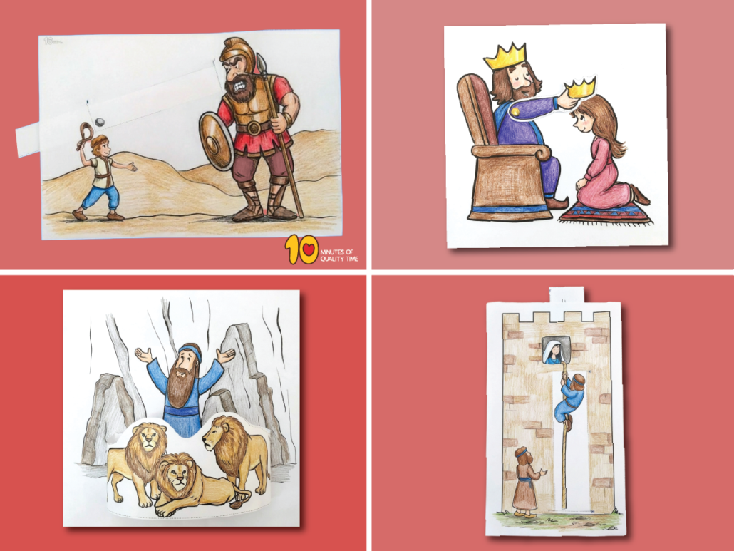 Courageous Heroes Bible crafts featuring David and Goliath, Queen Esther, Daniel in the lions’ den, Rahab and the spies, and a free Joshua 1:9 coloring page
