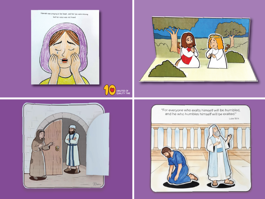 Prayer Bible crafts featuring Hannah’s prayer, Jesus praying in Gethsemane, the persistent widow, the Pharisee and the tax collector, and a free Luke 18:1 coloring page
