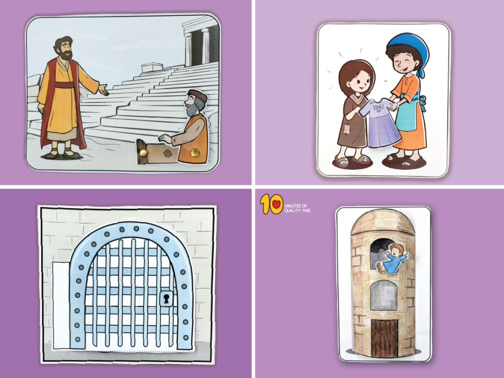 Acts Miracles Bible crafts featuring Peter heals the lame man, Tabitha Dorcas, Peter’s miraculous escape from prison, Eutychus falls from a window, and a free Acts 5:12 coloring page