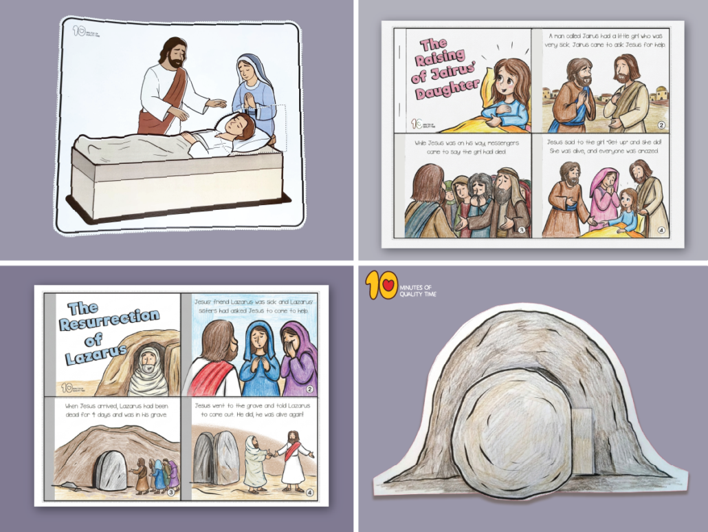 Jesus’ Power Over Death Bible crafts featuring the widow of Nain, Jairus’ daughter, Jesus’ resurrection, Lazarus, and a free John 11:25 coloring page