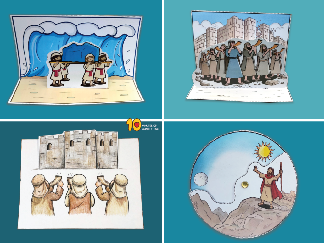 Joshua Bible crafts featuring crossing the Jordan River, the fall of Jericho, Joshua and the wall of Jericho, the sun standing still, and a free Joshua 1:9 coloring page
